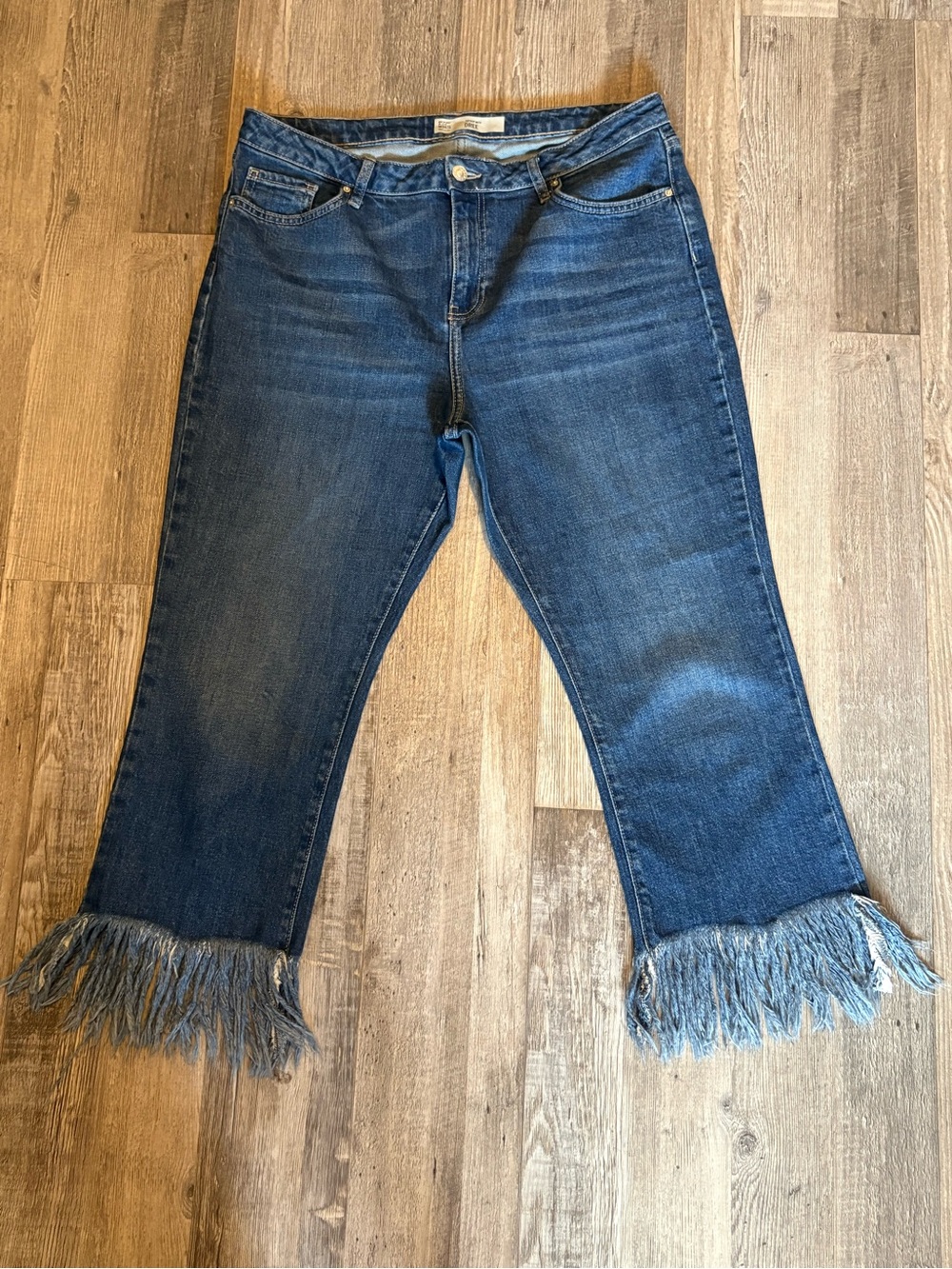 Topshop Dark Blue Wide Leg Jeans with Fringe Hem